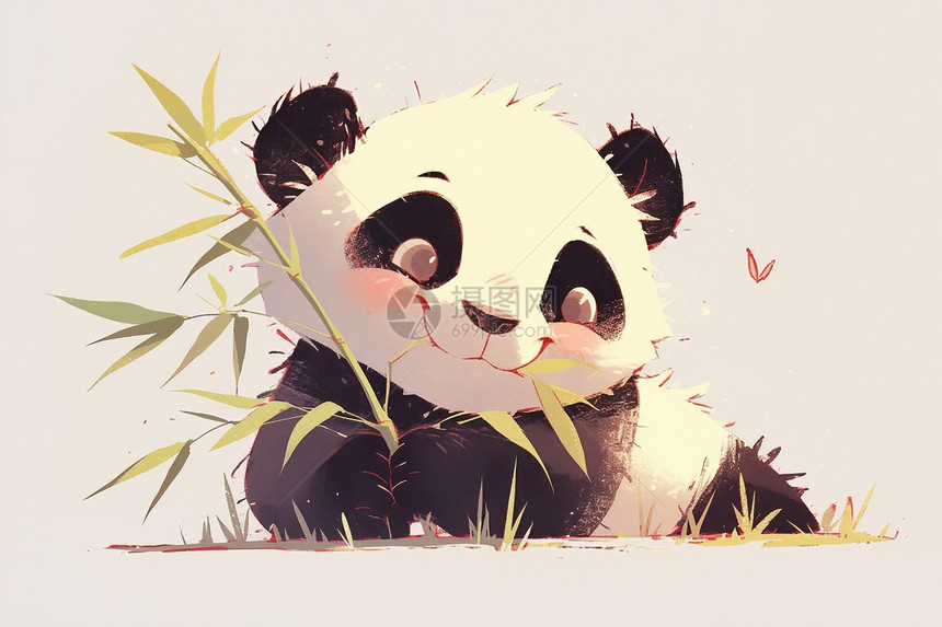 可爱的熊猫在草地上吃竹子图片