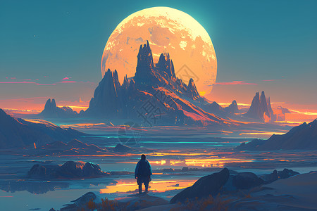 人在沙漠月明照耀下男子站在岩石上插画