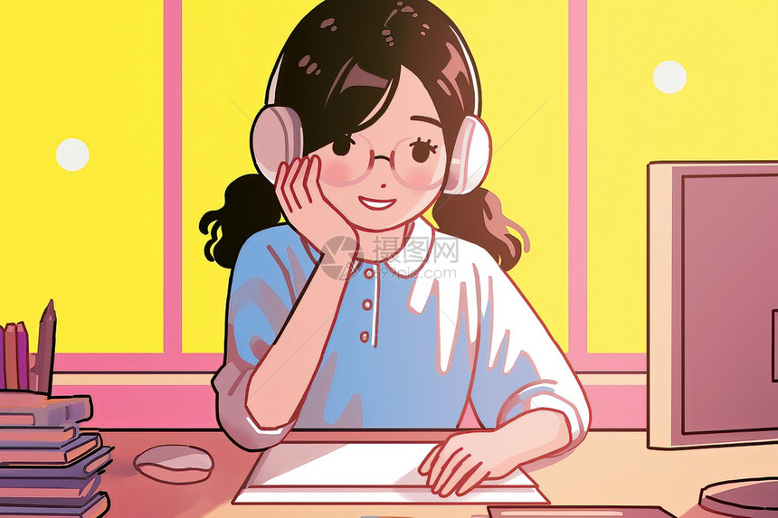 一位女孩坐在桌子旁戴着耳机图片