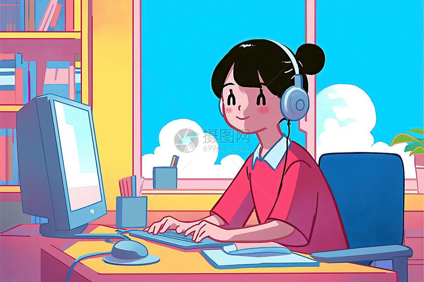 卡通女孩戴上耳机坐在电脑桌前图片