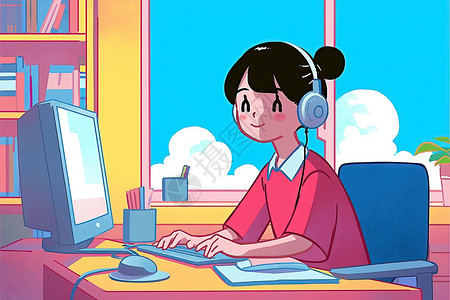 防水耳机卡通女孩戴上耳机坐在电脑桌前插画