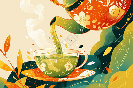大杯黄色茶饮品异域茶艺插画