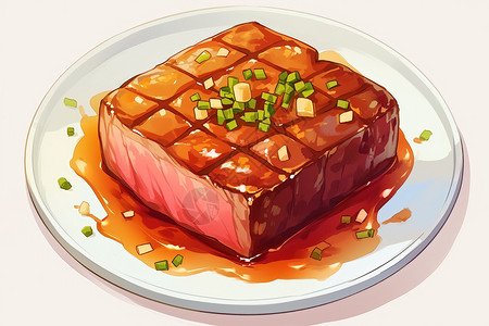 一盘牛排分割线一盘肉上撒着酱汁和青葱插画