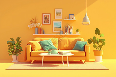 客厅桌黄色沙发和白色咖啡桌插画
