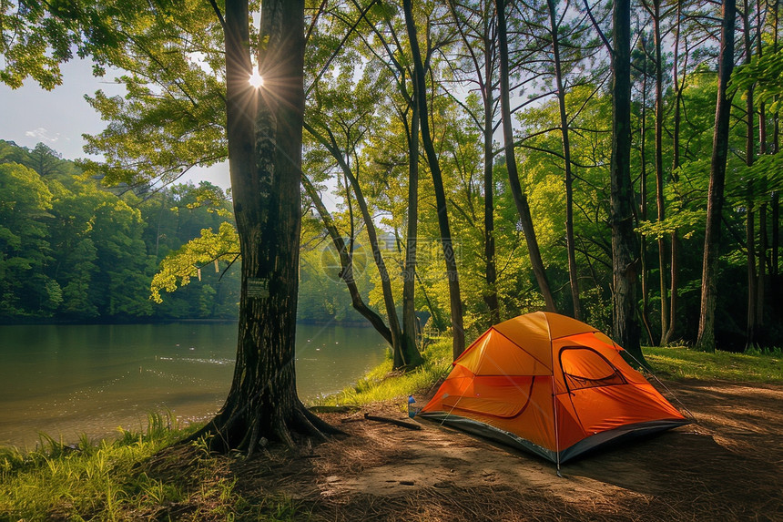 湖边森林中的帐篷图片