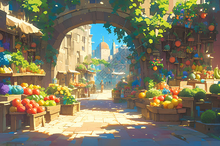水果市场金色阳光照耀下的户外市集插画