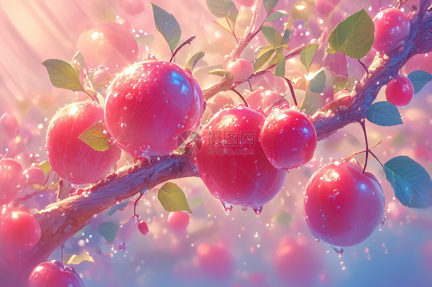 水珠滴落在果树上图片