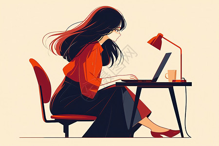 膝外翻女子坐在办公桌前膝上放着一台手提电脑插画