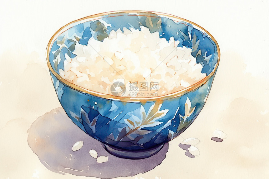 蓝色碗中装满米饭图片