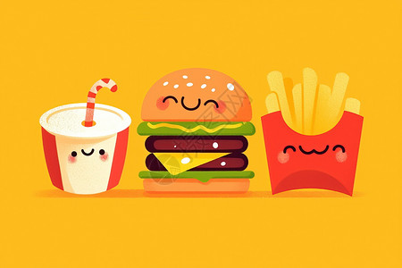 肉蛋类快乐的美式汉堡与饮料插画
