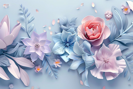 淡粉色花朵墙纸蓝粉色花束插画