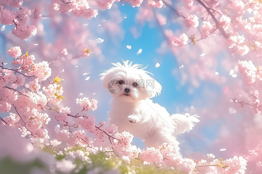 粉色花海里的小狗图片