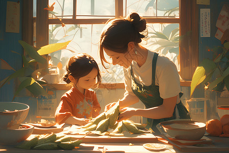 包粽子的母亲母女在一起包粽子插画