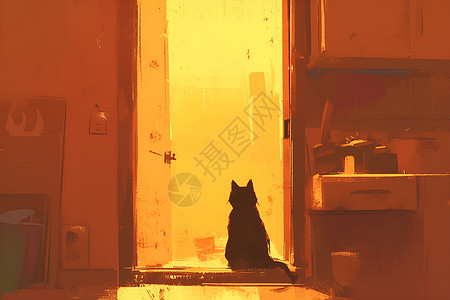 黑色门窗坐着的一只黑色猫咪插画