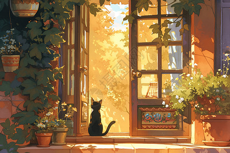 古老门窗坐在门前的猫咪插画