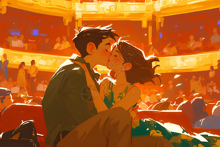 相拥热吻电影院里热吻的情侣插画