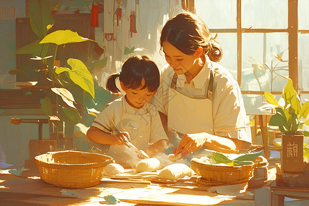 母女手工包粽子背景图片