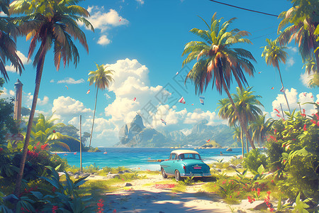 热带风情海边的汽车插画