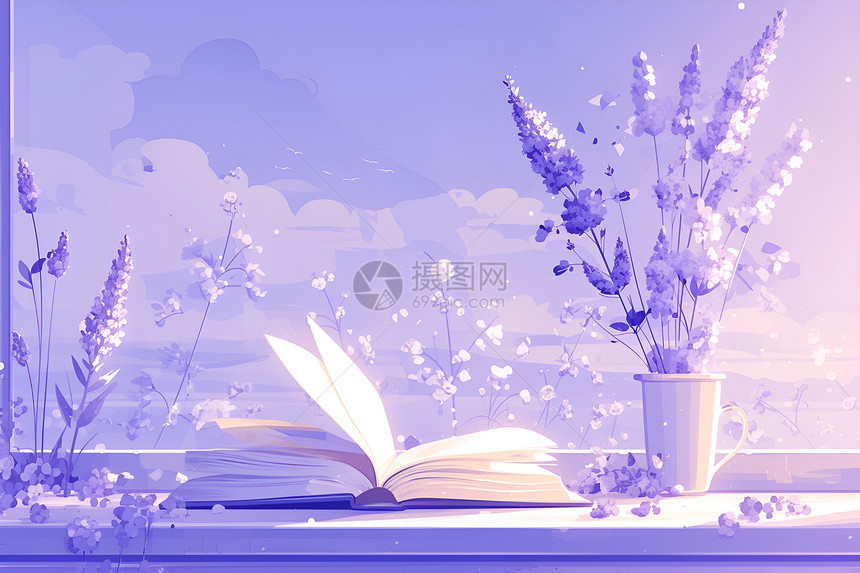 紫色的书本和花朵图片