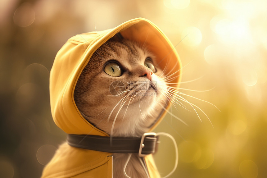 穿黄色雨衣的猫图片