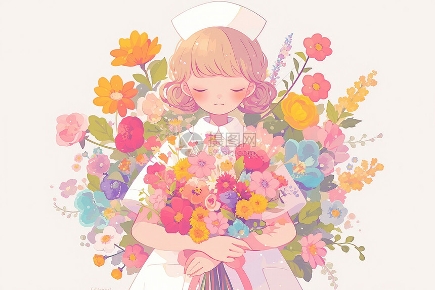 护士抱着花束图片