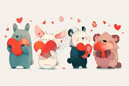 心形卡通可爱动物抱着心形插画