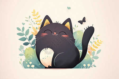 修理间花丛间的黑猫插画