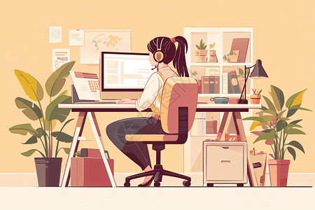 办公的女孩工作室里的女子插画