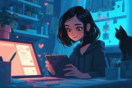年轻女性玩平板笔记本电脑旁的女孩插画