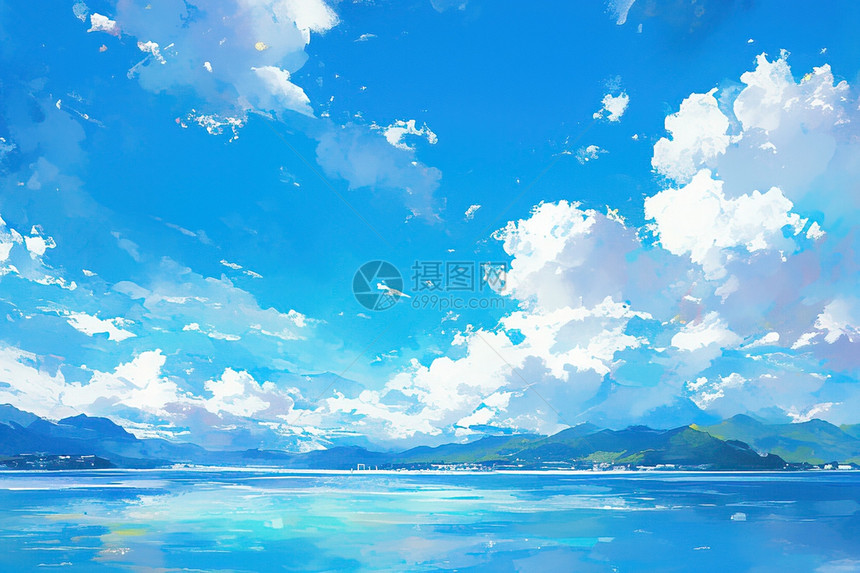 蓝天下的湖泊图片