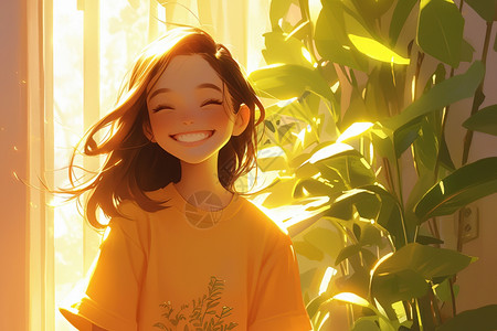 盆栽背景阳光里大笑的女孩插画