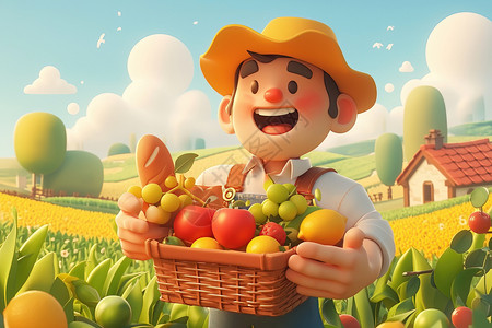 抱着果实的农民田野里的农民抱着果篮插画