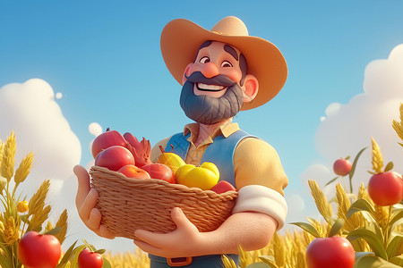 麦马卡龙麦田里的抱着果篮的农民插画