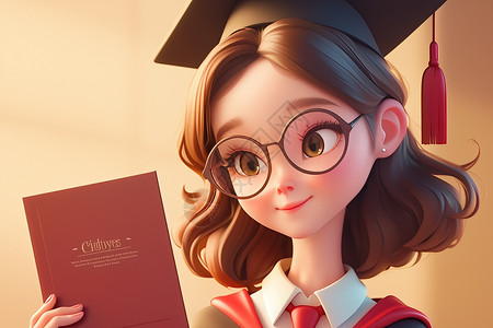 青年女性学士服手拿毕业证书穿着学士服的女孩插画