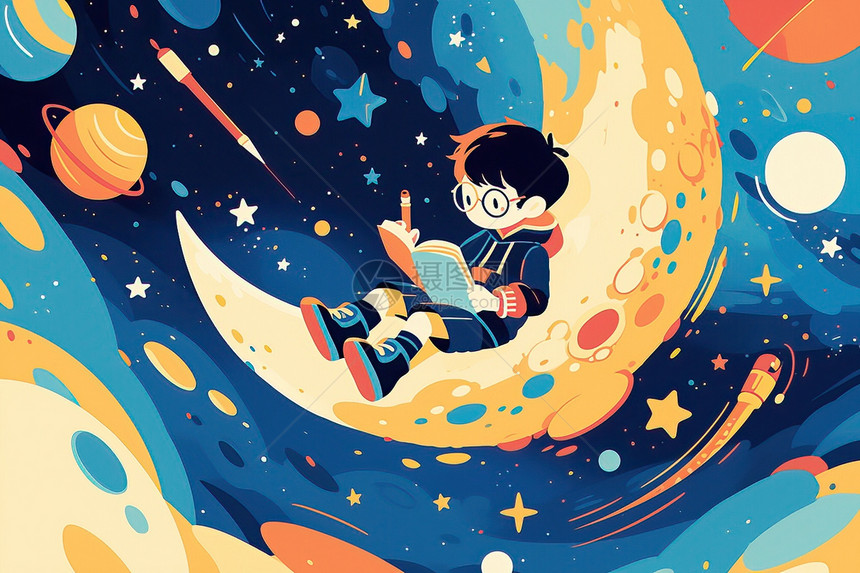 少年坐在月球上读着一本书图片