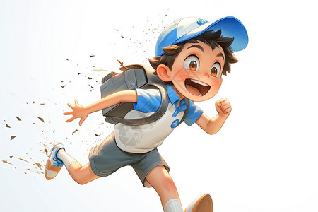 棒球帽背着书包奔跑的男孩插画