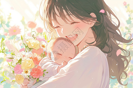 花束插画抱着孩子的妈妈插画