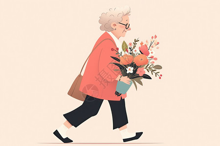 老妇人拿着鲜花的老人插画