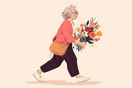 老妇人拿着花束的奶奶插画