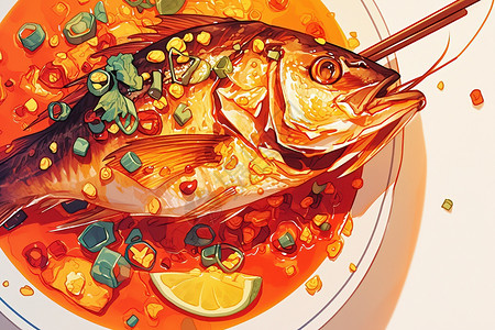 酱汁肉美味的红烧鱼肉插画