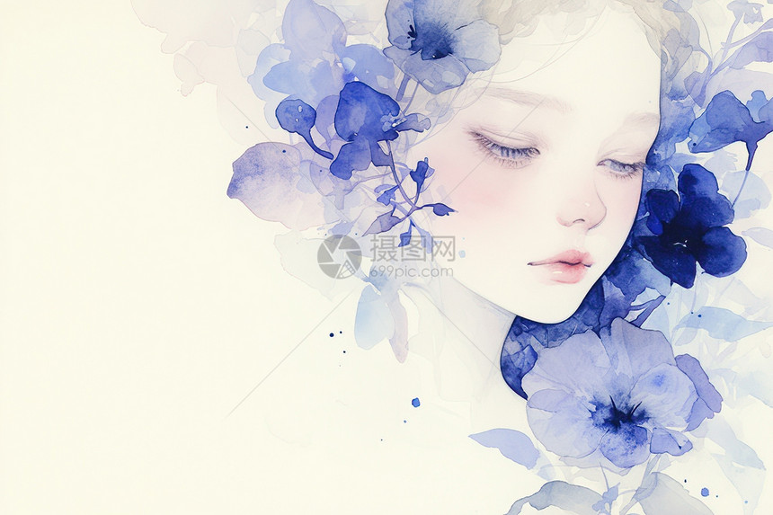 女人头上的蓝色花朵图片