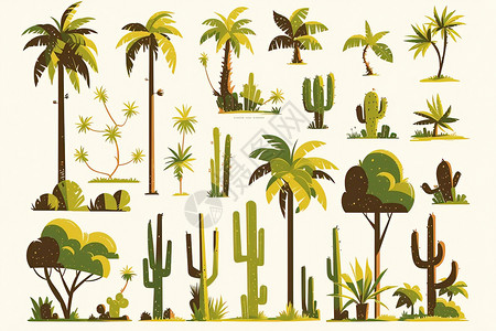 矢量树林各种各样的植物插画