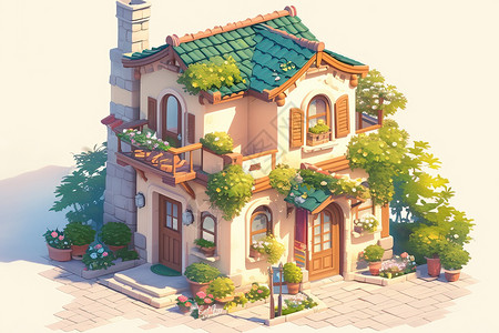 绿植建筑温馨的小屋插画