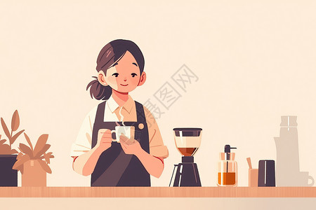 咖啡店老板咖啡柜台前的女性插画