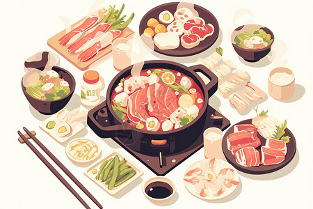 五花肉块美味的火锅插画