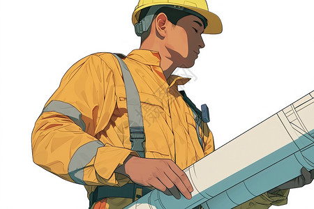 拿图纸建筑男子戴安全帽和防护装备的男人插画
