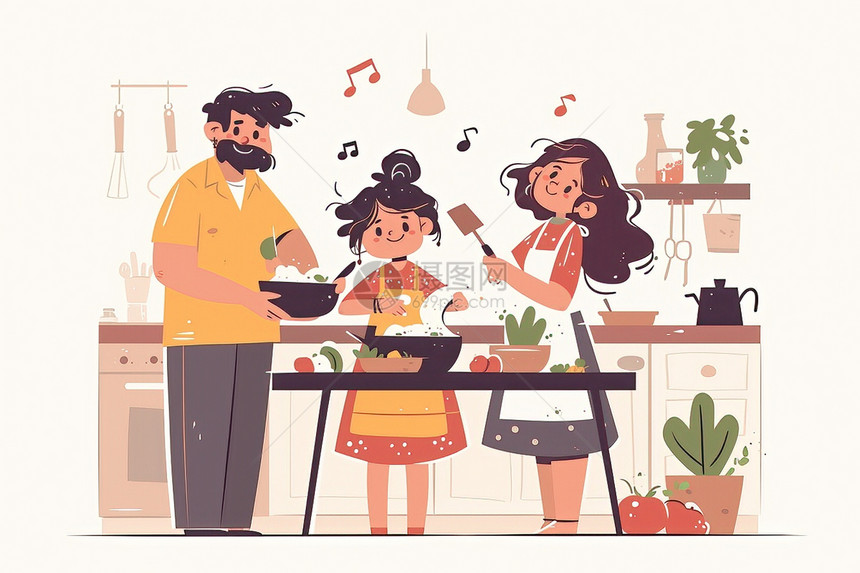 做饭的一家人图片
