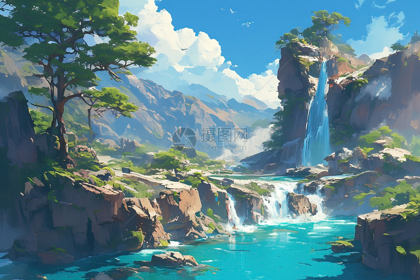 瀑布与山脉之间的绘画图片