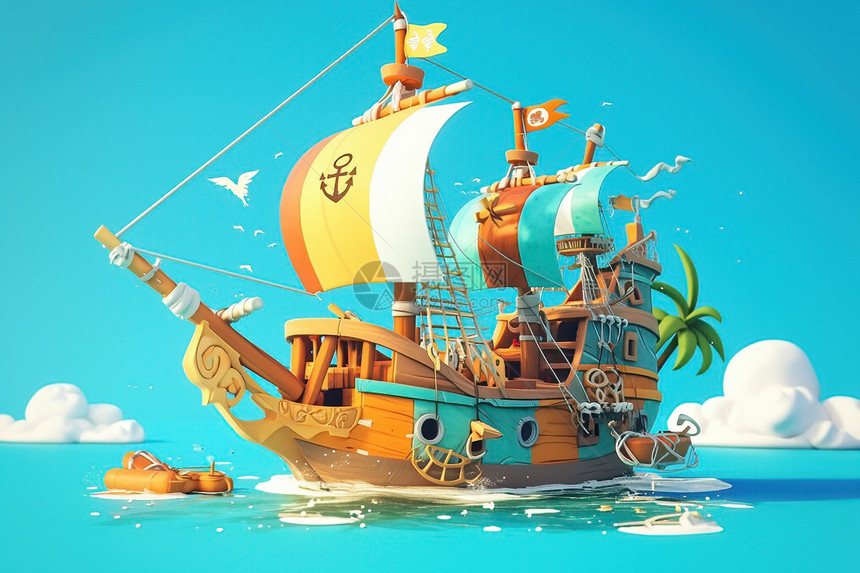 海上漂浮的卡通海盗船图片