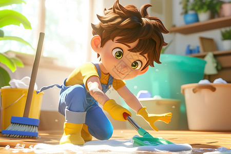 扫帚畚箕小男孩在清扫地板插画